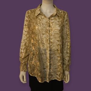 YAL NEW YORK Metallic Gold Snakeskin Semi-sheer Long Sleeve Button Down Shirt